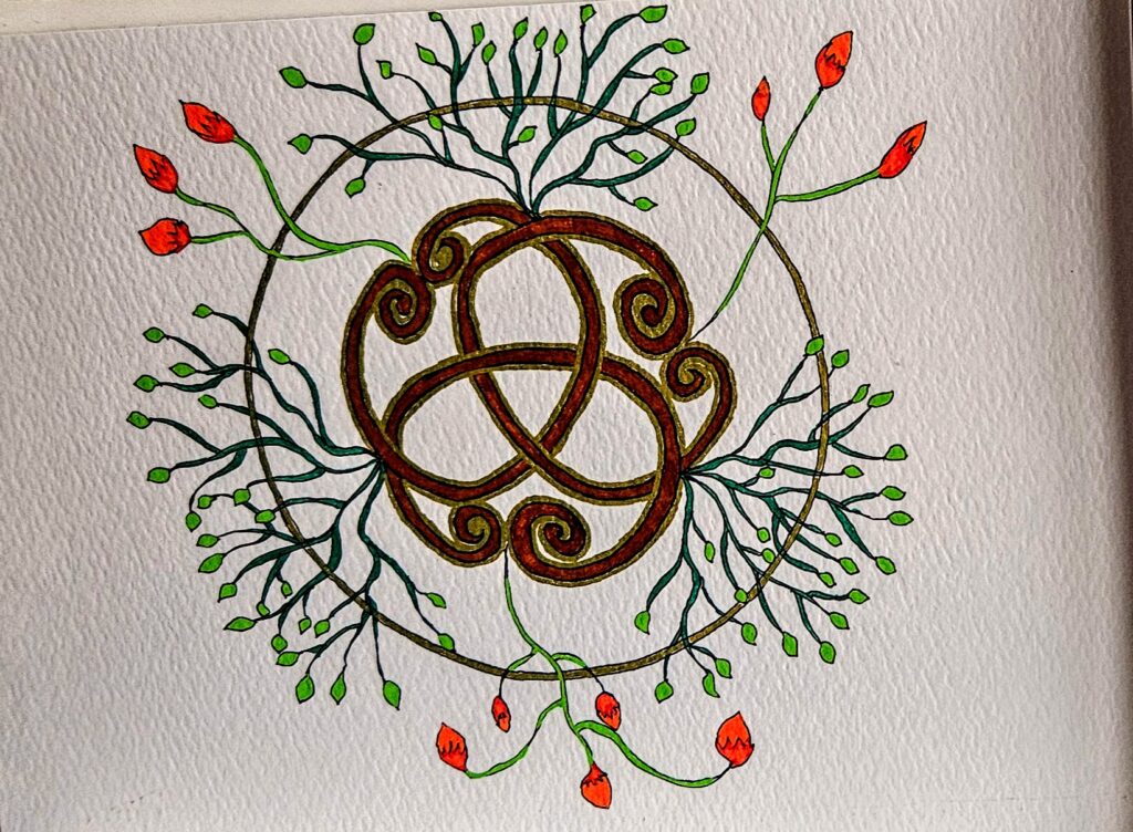 "Den gamle knude binder fortid, nutid og fremtid sammen. Her blomstrer nye begyndelser, og livets tråde flettes i ild og jord."