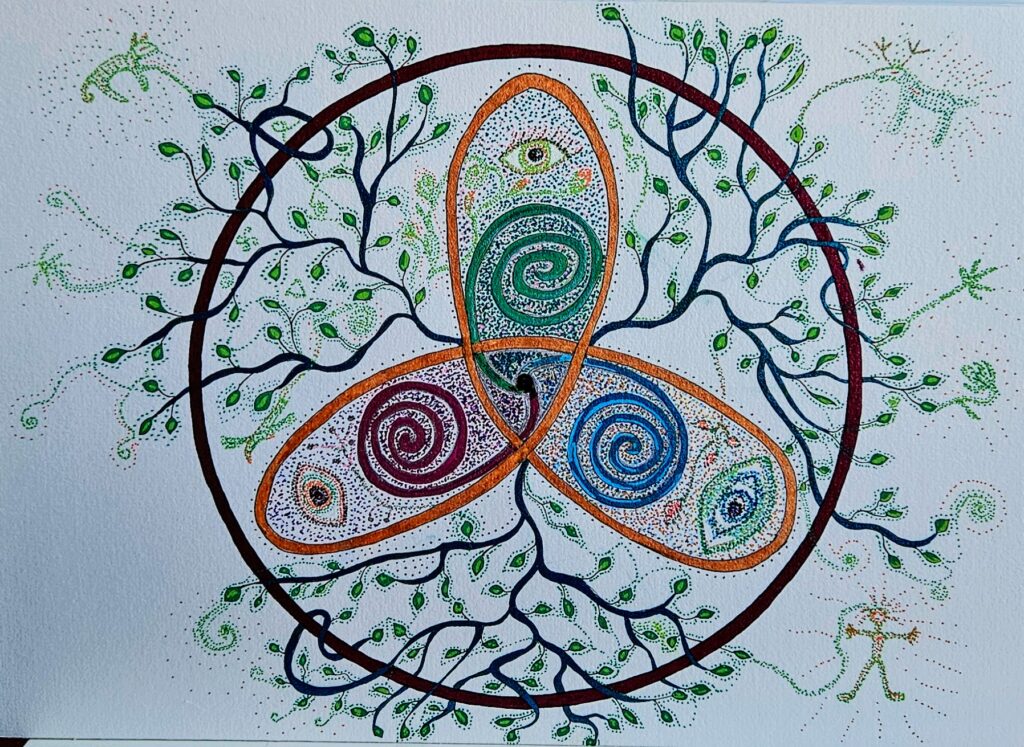 "Sjælens øje våger i treenighedens kraft. Spiralernes farver bærer livets energi – jord, vand og ånd – omgivet af naturens evige dans."