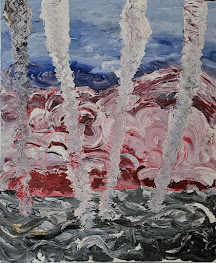 "Naturen taler i kontraster: vand og ild, storm og stilhed. De hvide søjler rejser sig som åndelige broer mellem himmel og jord."